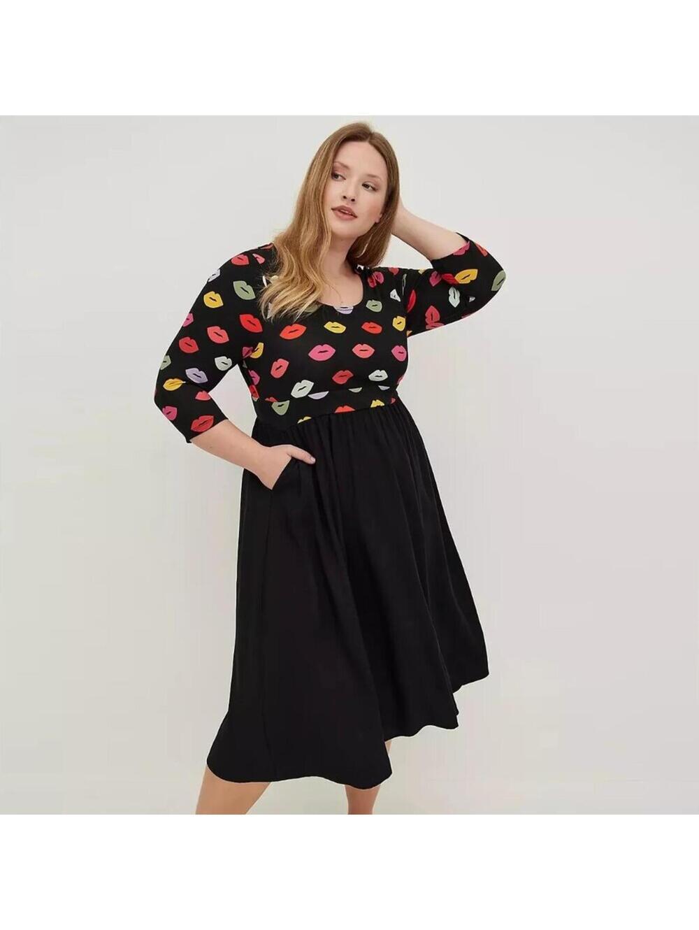 Torrid Retro Lips Empire Waist Midi Dress Pockets Black Size 0 Large 12 Pockets
